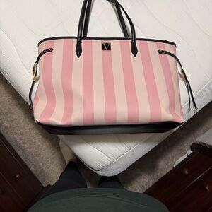 Victorias Secret Pink and Black Striped Tote Bag